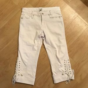 Cache Lace Up Jeans White Embellished Rhinestones